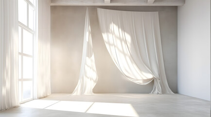 Beautiful sunlight, blowing white sheer linen, blackout curtain from open window on blank white concrete wall, polished cement floor for interior design, air flow ventilation, product background 3D