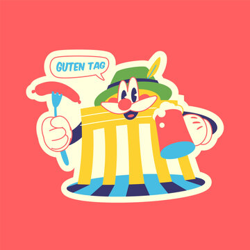 Travel Vector Retro Sticker, Pin, Stamp, Patch. Cartoon Brandenburg gate holding a glass of beer and a sausage