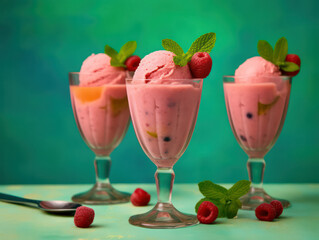 Eine erfrischende Komposition aus einem Glas Fruchtsorbet mit bunten Kugeln, die auf einem hellen Hintergrund ruhen, umgeben von frischen Beeren und Minzblättern, die ein kühles und belebendes Gefühl 