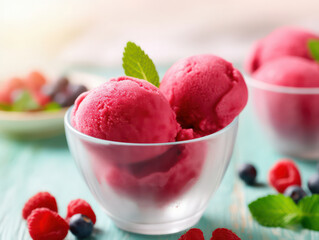 Eine erfrischende Komposition aus einem Glas Fruchtsorbet mit bunten Kugeln, die auf einem hellen Hintergrund ruhen, umgeben von frischen Beeren und Minzblättern, die ein kühles und belebendes Gefühl 