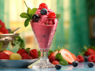 Eine erfrischende Komposition aus einem Glas Fruchtsorbet mit bunten Kugeln, die auf einem hellen Hintergrund ruhen, umgeben von frischen Beeren und Minzblättern, die ein kühles und belebendes Gefühl 