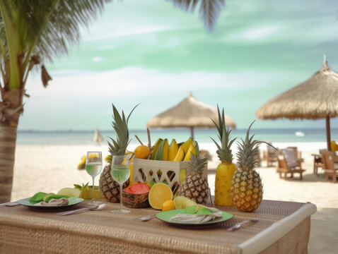 Ein farbenfroher Strandaufbau mit einem Tisch, auf dem Gl&auml;ser mit frisch gepresster Limonade stehen, garniert mit tropischen Fr&uuml;chten wie Ananas und Mango, die ein Gef&uuml;hl von Paradies