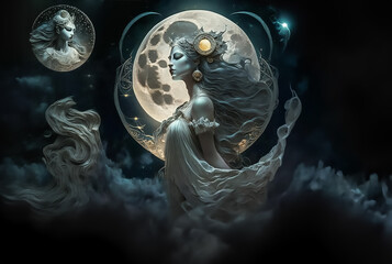 Mystical Goddess of Moon fantasy art. Generative AI, non-existent person