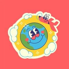 Travel Vector Retro Sticker, Pin, Stamp, Patch. Cartoon airplane flying around the Earth.