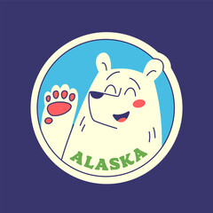 Travel Vector Retro Sticker, Pin, Stamp, Patch. A smiling white polar bear smiles and waves his paw. Alaska.