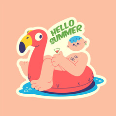 Travel Vector Retro Sticker, Pin, Stamp, Patch. A man floating on an inflatable flamingo. Hello summer!