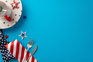 Create a dazzling USA-themed celebration. Top view of table arrangement featuring plate, cutlery, cup, sparkle stars, confetti, and funny necktie. Blue backdrop with empty space for text or advert