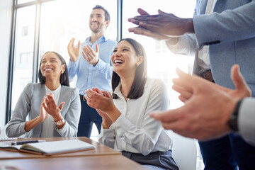 Success, audience with an applause and in a business meeting at work with a lens flare together. Achievement or celebration, motivation and businesspeople clapping hands for good news or support - obrazy, fototapety, plakaty