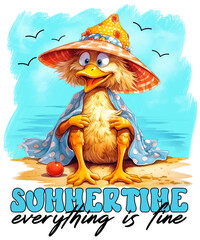 Funny chicken on the beach, summer illustration generated with AI