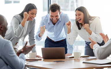 Success, businesspeople with celebration and in office of their workplace with a lens flare....