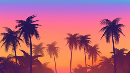 Naklejka na ściany i meble Palm trees on the background of a colorful bright sunset, red sun. Summer tropics vacation