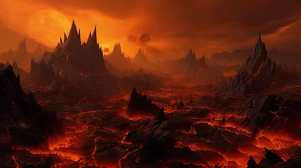 Fotobehang Donkerrood End of the world, the apocalypse, Armageddon. Lava flows flow across the planet, hell on earth