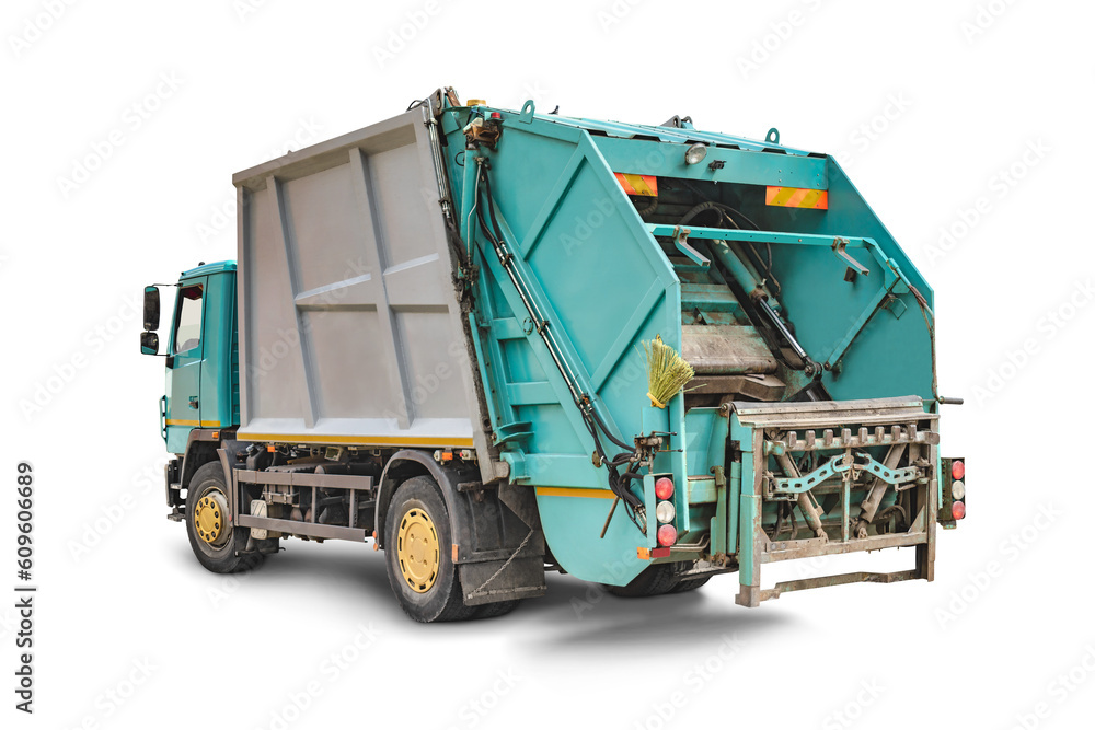 Poster Garbage truck on a white isolated background. Separate collection and disposal of garbage. Vehicle for gathering and disposal of garbage.