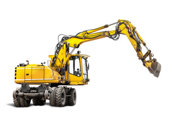 Wheeled excavator isolated on white background. Powerful excavator with an extended bucket...