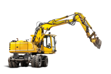 Wheeled excavator isolated on white background. Powerful excavator with an extended bucket close-up. An excavator that can run on rails. element for design.