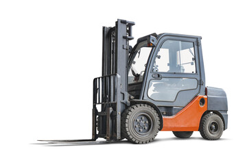 Forklift used to lift and move materials over short distances isolated on white background. Loading and moving goods in the warehouse.