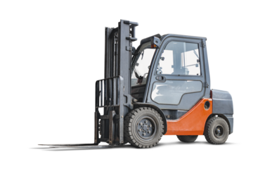 Forklift used to lift and move materials over short distances isolated on white background. Loading and moving goods in the warehouse.