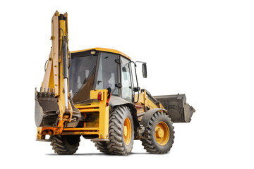 Large wheeled excavator loader or bulldozer on a white isolated background with a bucket raised up....