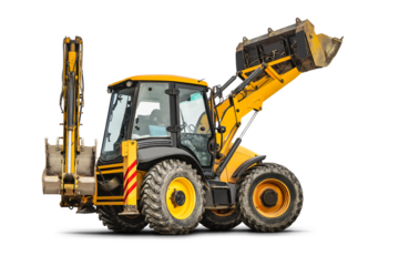Large wheeled excavator loader or bulldozer on a white isolated background with a bucket raised up. Universal construction equipment. Rental of construction equipment. Contract for construction work.