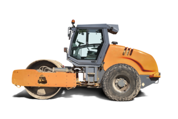 Heavy-duty vibratory roller for asphalt paving on white isolated background. Road construction equipment. Image of a road roller for design.
