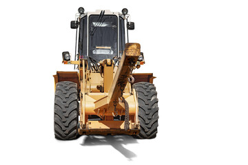 Powerful wheeled front loader for transportation of bulky goods on a white isolated background. Construction equipment. Transportation and movement of heavy long loads.