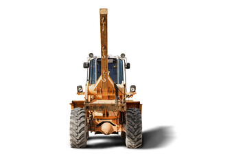 Powerful wheeled front loader for transportation of bulky goods on a white isolated background. Construction equipment. Transportation and movement of heavy long loads.