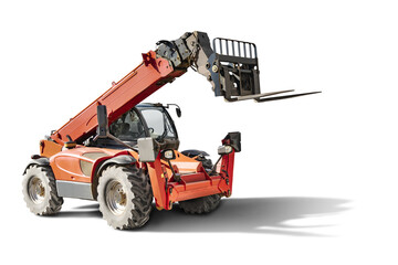 Powerful wheel forklift with telescopic mast on a white isolated background. Construction equipment for lifting and moving loads. Forklift. © Anoo