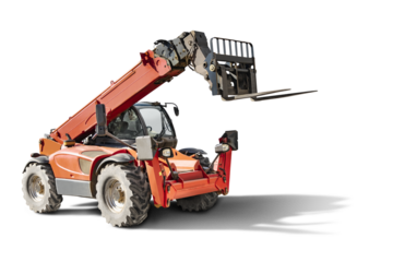 Powerful wheel forklift with telescopic mast on a white isolated background. Construction equipment for lifting and moving loads. Forklift.