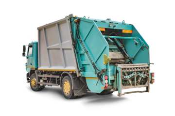 Garbage truck on a white isolated background. Separate collection and disposal of garbage. Vehicle for gathering and disposal of garbage.