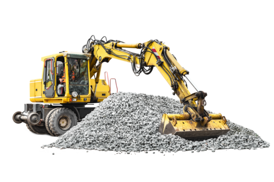 Wheeled excavator isolated on white background. Powerful excavator with an extended bucket close-up on a pile of rubble or gravel. Rental of construction equipment. element for design.