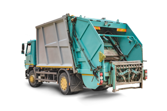 Garbage truck on a white isolated background. Separate collection and disposal of garbage. Vehicle for gathering and disposal of garbage.