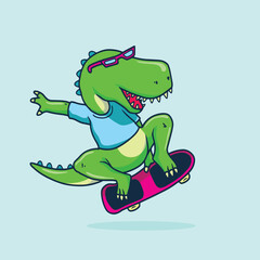 Dinosaur skateboard vector print. Fun t-shirt design for kids.Cute Dinosaur character design.
