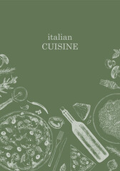 Traditional Italian cuisine. Hand-drawn illustration of Italian traditional dishes and products. Ink. Vector