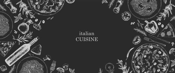 Traditional Italian cuisine. Hand-drawn illustration of Italian traditional dishes and products. Ink. Vector - obrazy, fototapety, plakaty