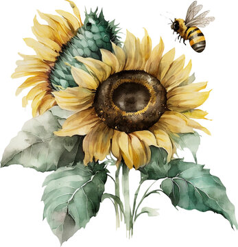watercolor sunflowers with bee clip art preview