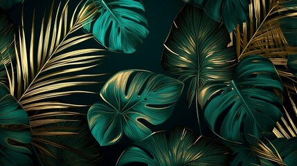 Green and gold tropical leaves on the green background. Generative AI