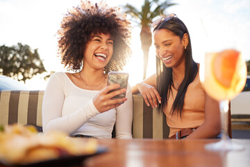 Funny, women and friends with drinks, phone and laughing with happiness, relax and social media....