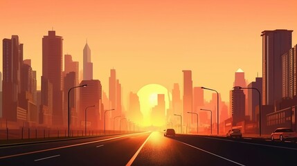 Empty road leading to sunset in a large city street with skyscrapers, ai generated