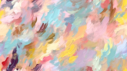 Fototapeta na wymiar Close up of oil painting texture with brush strokes and palette knife strokes in pink and blue pastel colors, ai generated
