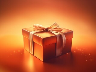 A gift box with a golden ribbon on warm red yellow background with bokeh and sparkles. AI generated
