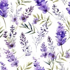Seamless background of tender watercolor lavender on white, ai generated - obrazy, fototapety, plakaty