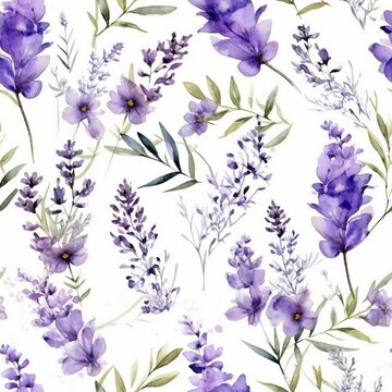 Seamless background of tender watercolor lavender on white, ai generated