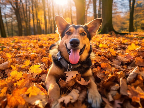 Happy Dog Sits In A Pile Of Fallen Autumn Leaves