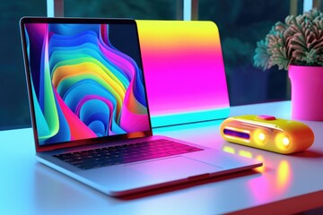 Yellow, green, pink and blue neon colored room with working table and various technology gadgets. Lap top, computer, screen, phone, keyboard, speakers, light. Home office. Generated AI.