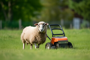 The smiling single sheep is mowing the grass in the lawn with the grass-cutter