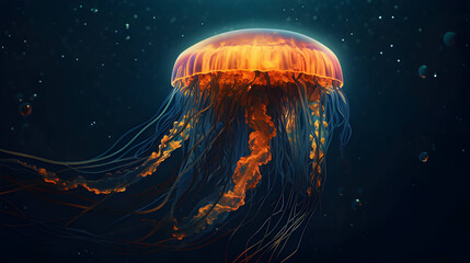 neon jellyfish in the sea. blue glow jellyfish. ai generated