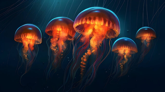 jellyfish in the sea, in the style of luminous 3d objects, dark cyan and orange, technological fusion, photorealistic pastiche