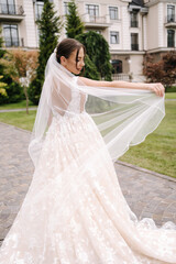 Bride hold veil and pick up it. Gorgeous wedding dress