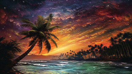 Fototapeta na wymiar New retro wave artwork with palm tree sunset and star. beautiful sky color