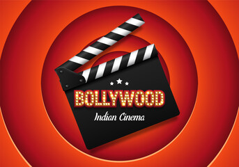Naklejka premium Bollywood indian cinema. Movie banner or poster with clapperboard. Vector illustration.